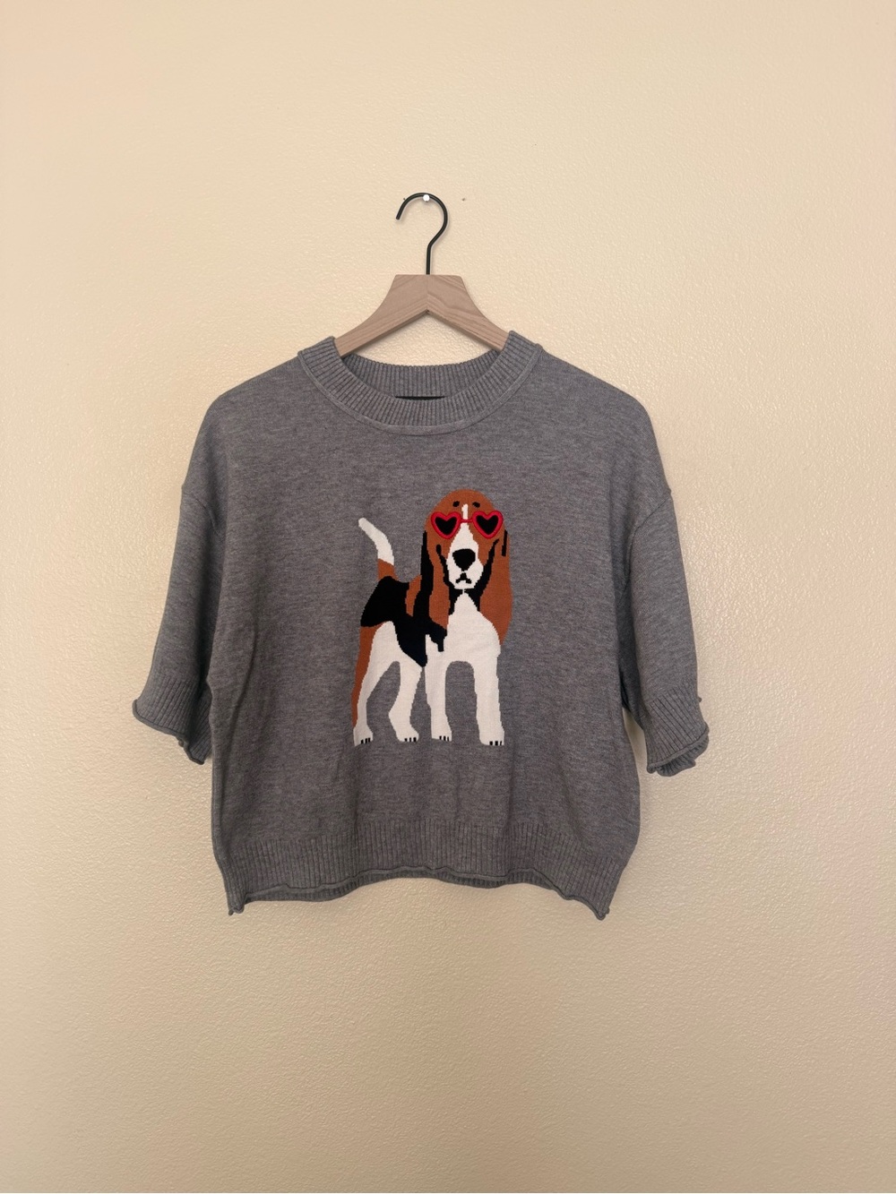 Calligraphie by Anthropologie Gray Crewneck Knit Sweater with Dog Graphic